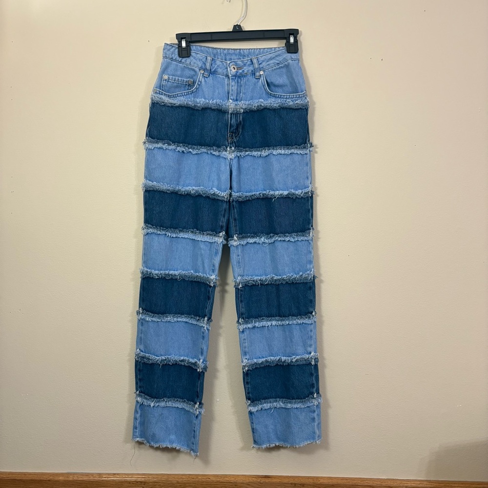 Ragged priest two tone paneled jeans women’s 26 blue stripes cl